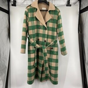 Vicolo Trench Coat Womens Medium Green Beige‎ Check Double Breasted Belted Waist